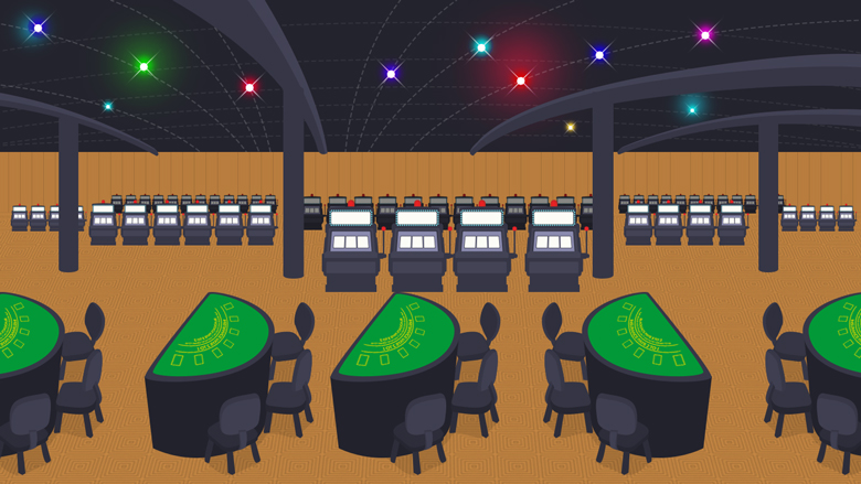 Casino físico con filas de mesas de Blackjack y tragaperras