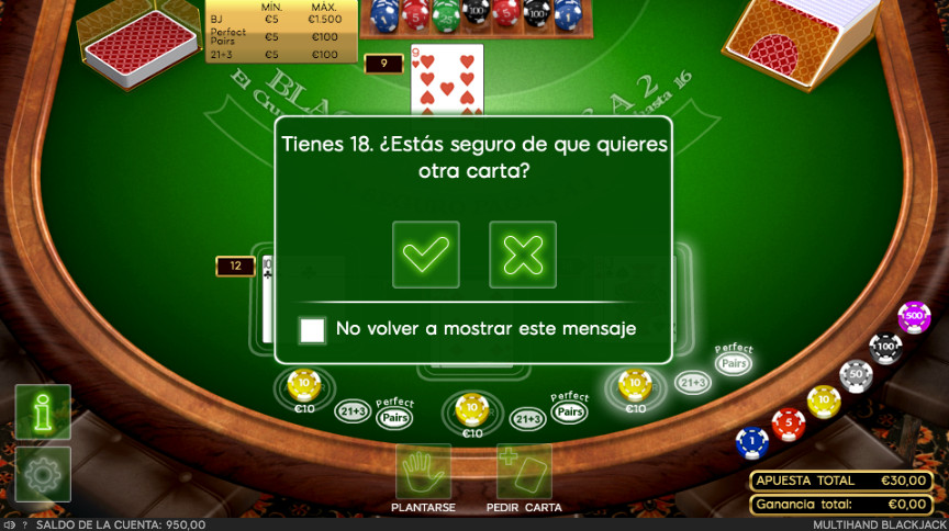 Tabla de blackjack confirmar la mano al pedir carta