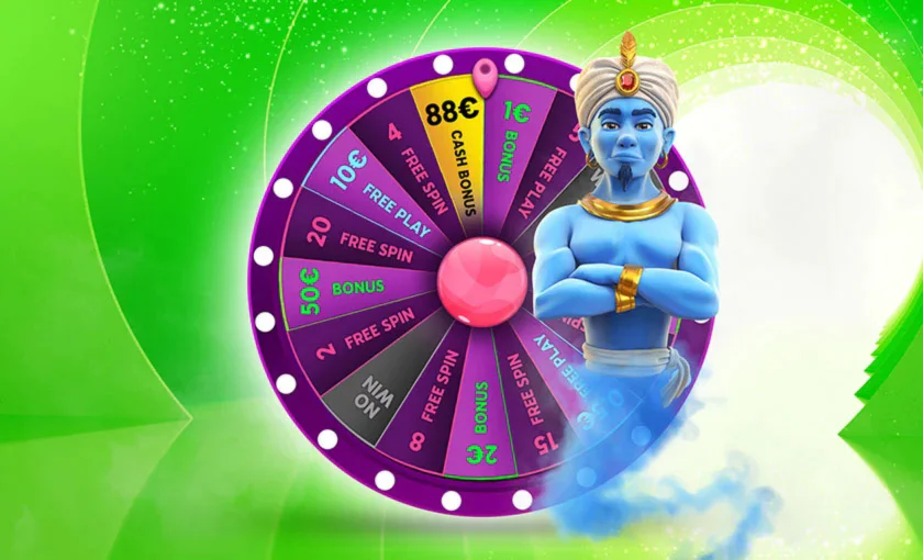 Rueda de premios promocional de 888casino mostrando bonos y giros gratis